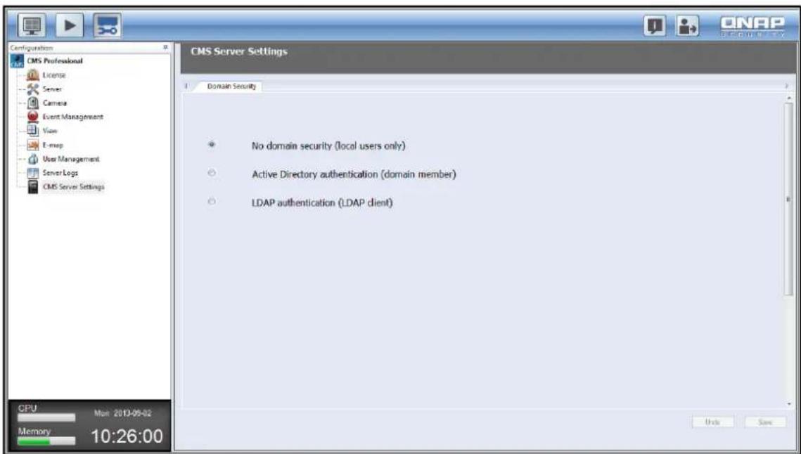 Configuration CMS Professional License Server Camera Event Management View E-map User Management Server Logs CMS Server Settings CMS Server Settings Domain Security No domain security (local users only) Active Directory authentication (domain member) LDAP authentication (LDAP client) CPU Mon 2013-08…