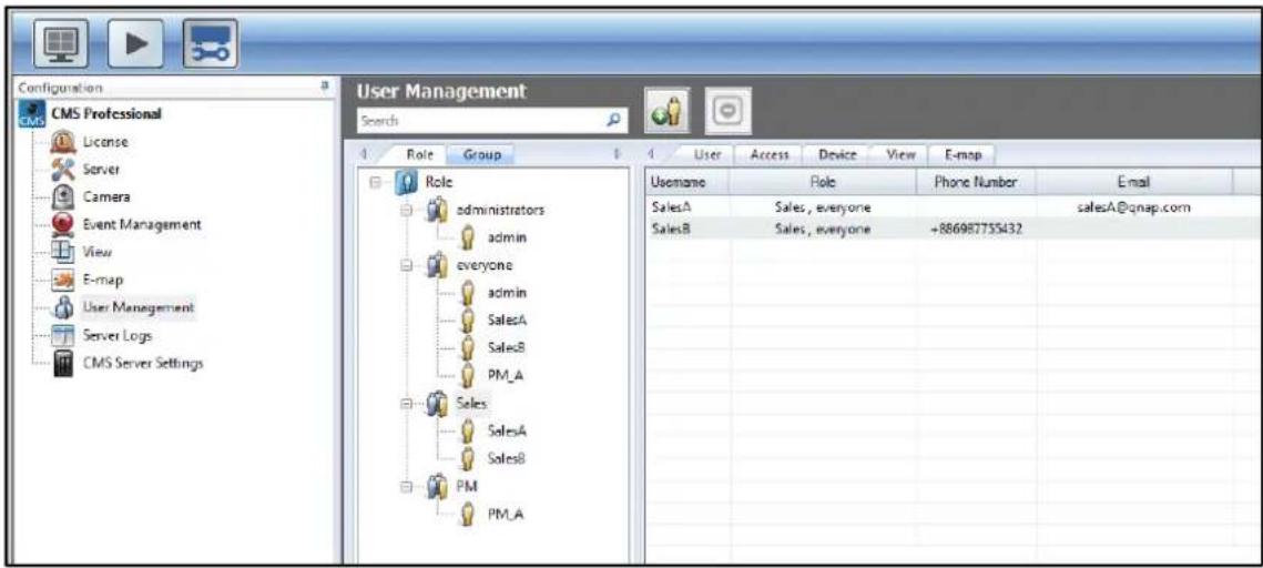Configuration CMS Professional License Server Camera Event Management View E-map User Management Server Logs CMS Server Settings User Management Search Role Group Role administrators admin everyone admin SalesA SalesB PM_A Sales SalesA SalesB PM User Access Device View E-map Username Role Phone Numb…