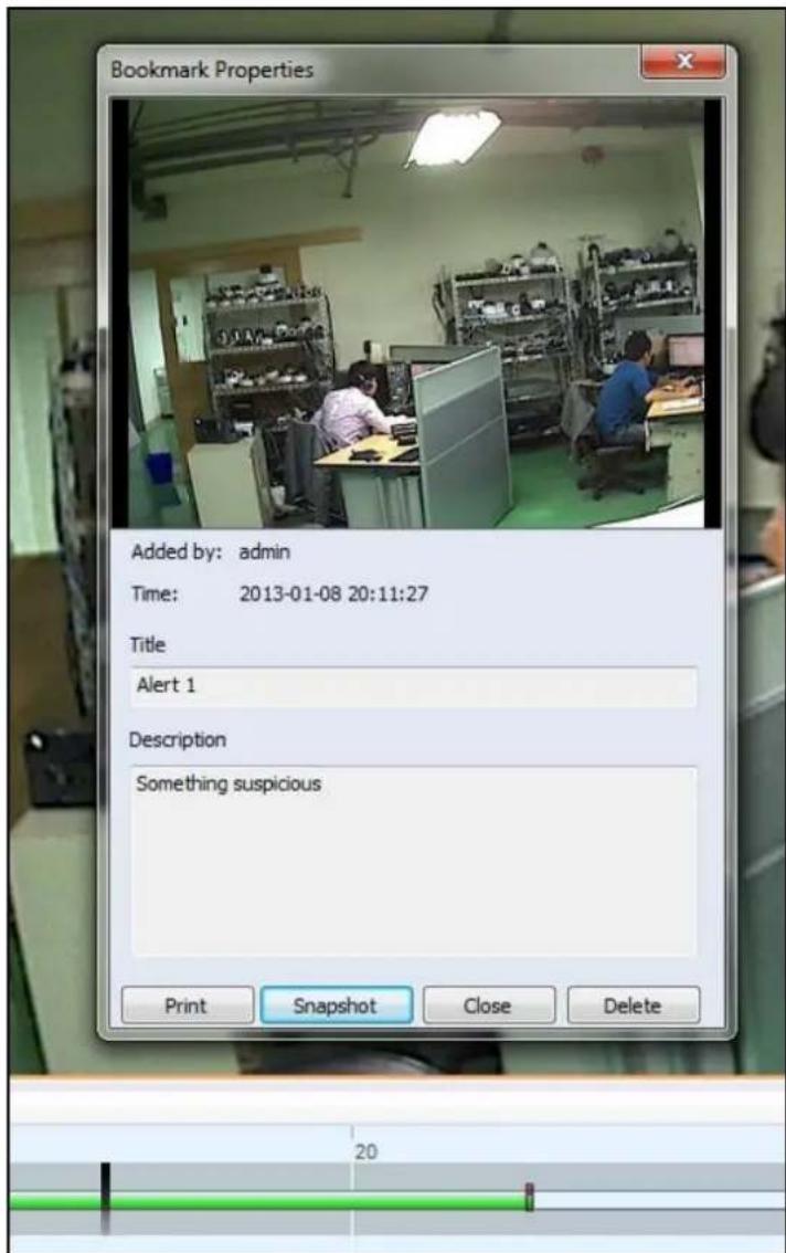 Bookmark Properties Added by: admin Time: 2013-01-08 20:11:27 Title Alert 1 Description Something suspicious Print Snapshot Close Delete