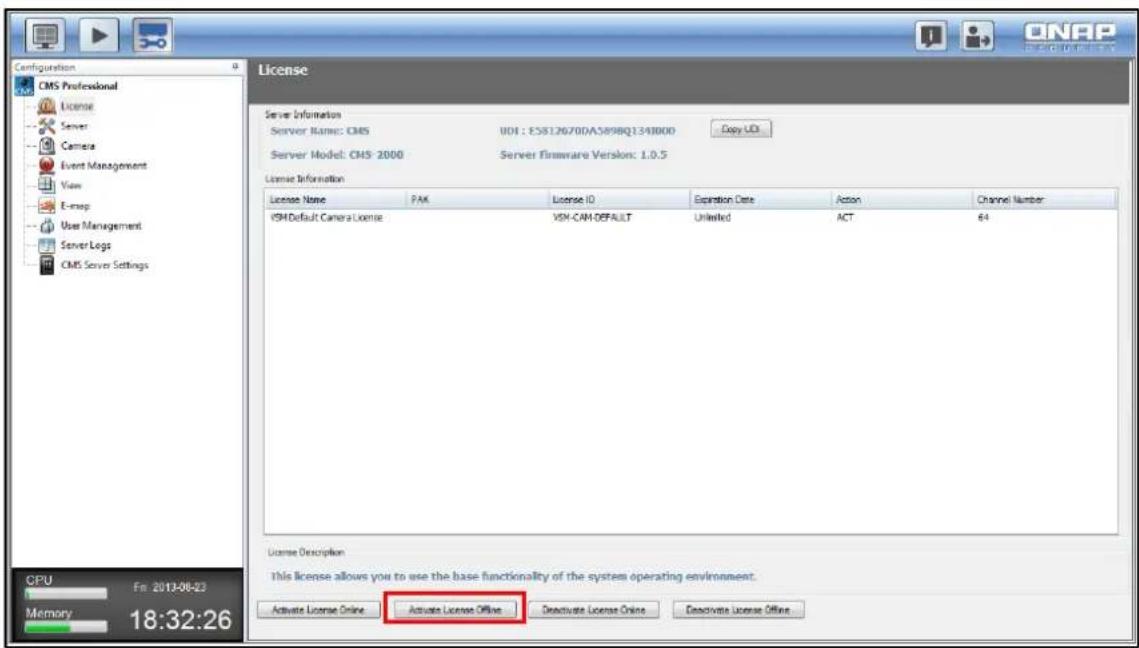 Configuration CMS Professional License Server Camera Event Management View E-mail User Management Server Logs CMS Server Settings License Server Information Server Name: CMS U01 : E5812670DA589BQ1348000 Copy UO Server Model: CMS-2000 Server Firmware Version: 1.0.5 License Information License Name PA…