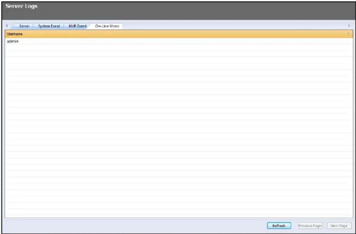 Server Logs Server System Event NVR Event On-Line Users Username admin Refresh Previous Page Next Page