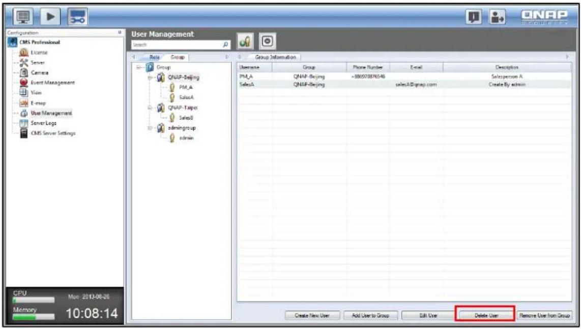 Configuration CMS Professional License Server Camera Event Management Video E-mail User Management Server Logs CMS Server Settings User Management Search Group Information Group Group User Name Group Phone Number Email Description PM_A QNAP-Beijing +806978876546 Salesperson A SalesA QNAP-Beijing sal…