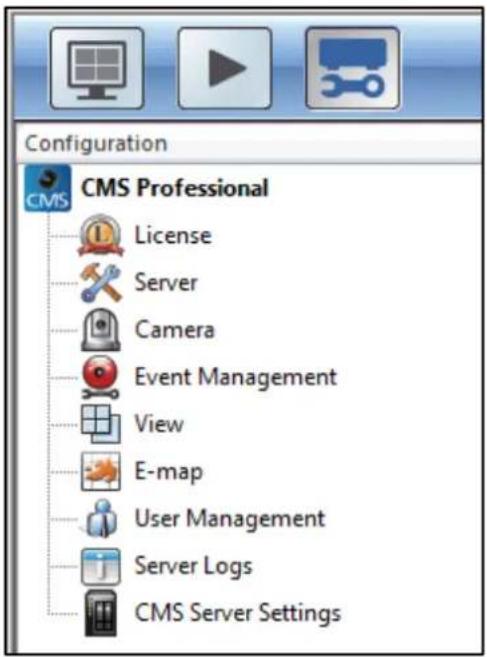 Configuration CMS Professional License Server Camera Event Management View E-map User Management Server Logs CMS Server Settings