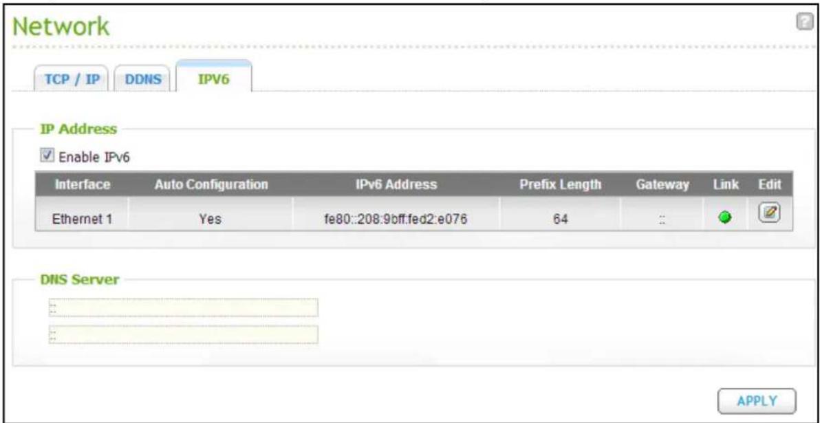 Network TCP / IP DDNS IPV6 IP Address Enable IPv6 Interface Auto Configuration IPv6 Address Prefix Length Gateway Link Edit Ethernet 1 Yes fe80::208:9off.fed2:e076 64 DNS Server APPLY