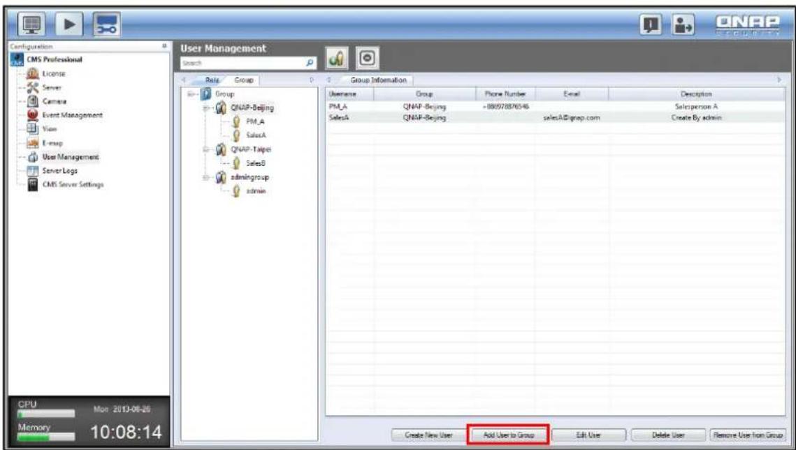 Configuration CMS Professional License Server Camera Event Management View E-map User Management Server Logs CMS Server Settings User Management Search Group Group Information Username Group Phone Number Email Description PM_A QNAP-Beijing =888578876546 Salesperson A SalesA QNAP-Beijing salesA@qnap.…