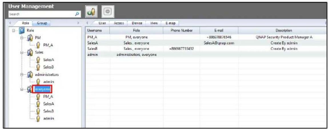 User Management Search Role Group User Access Device View E-map Username Role Phone Number E-mail Description PM_A PM, everyone +886978876546 QNAP Security Product Manager A SalesA Sales, everyone SalesA@qnep.com Create By admin SalesB Sales, everyone +886987755432 Create By admin admin administrato…