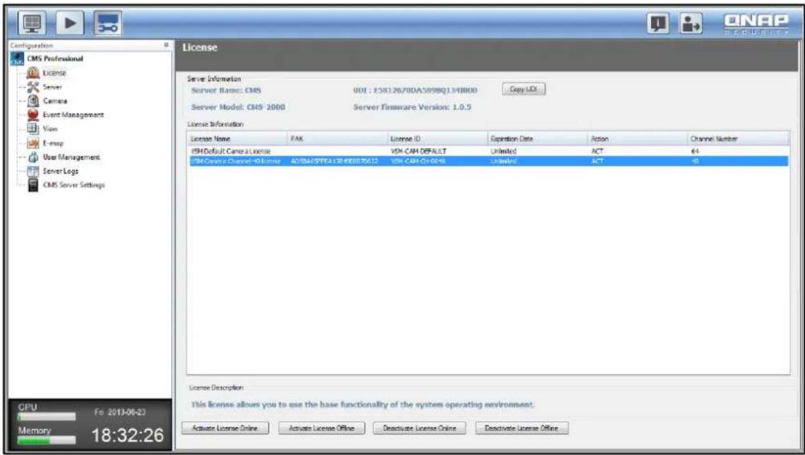 Configuration CMS Professional License Server Camera Event Management View E-map User Management Server Logs CMS Server Settings License Server Information Server Name: CMS U01 : E5812670DA589BQ1348000 Copy LDI Server Model: CMS 2000 Server Firmware Version: 1.0.5 License Information License Name PA…
