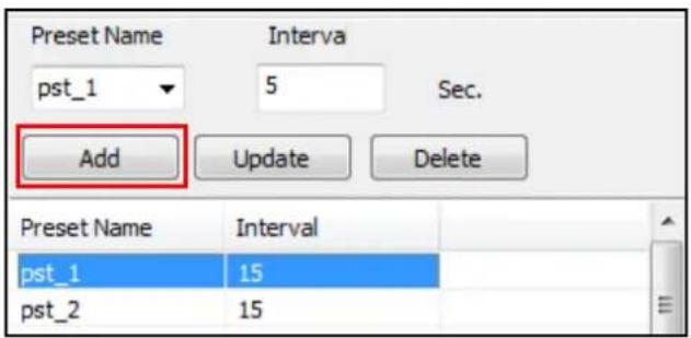 Preset Name Interva pst_1 5 Sec. Add Update Delete Preset Name Interval pst_1 15 pst_2 15