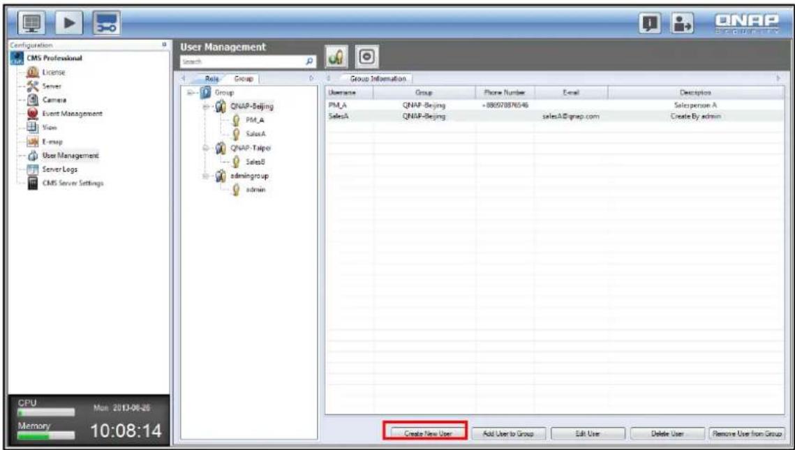 Configuration CMS Professional License Server Camera Event Management Video E-map User Management Server Logs CMS Server Settings User Management Search Role Group Group Information Username Group Phone Number Email Description PM_A QNAP-Beijing +880978876546 Salesperson A SalesA QNAP-Beijing salesA…