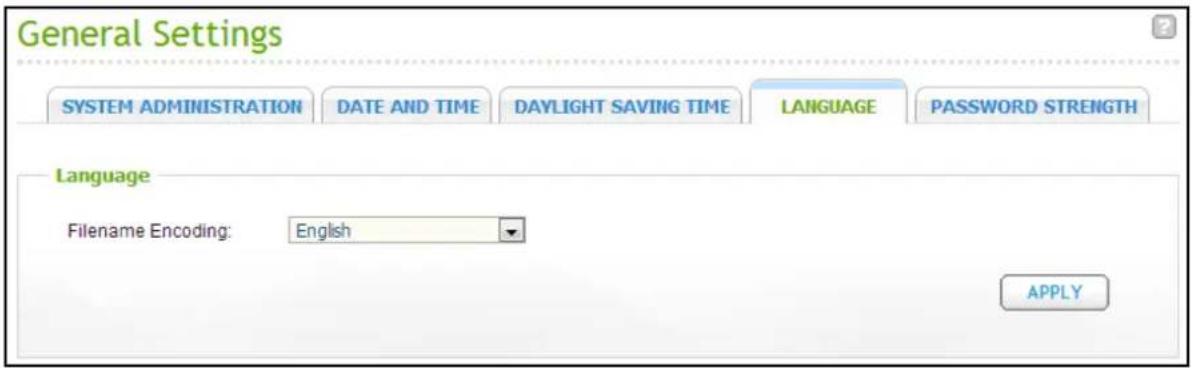 General Settings SYSTEM ADMINISTRATION DATE AND TIME DAYLIGHT SAVING TIME LANGUAGE PASSWORD STRENGTH Language Filename Encoding: English APPLY