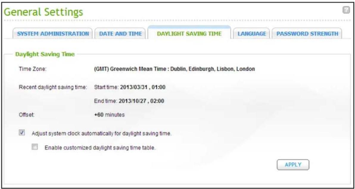 General Settings SYSTEM ADMINISTRATION DATE AND TIME DAYLIGHT SAVING TIME LANGUAGE PASSWORD STRENGTH Daylight Saving Time Time Zone: (GMT) Greenwich Mean Time : Dublin, Edinburgh, Lisbon, London Recent daylight saving time: Start time: 2013/03/31 , 01:00 End time: 2013/10/27 , 02:00 Offset: +60 minu…