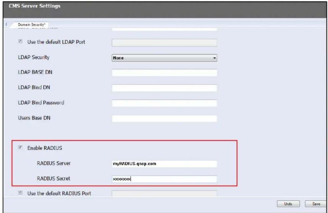 CMS Server Settings Domain Security* Use the default LDAP Port LDAP Security None LDAP BASE DN LDAP Bind DN LDAP Bind Password Users Base DN Enable RADIUS RADIUS Server myRADIUS.qnap.com RADIUS Secret xxxxxxxx Use the default RADIUS Port Undo Save