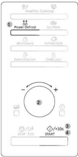 Healthy Cooking 1 Power Defrost My Plate Microwave Soften/Melt Deodorisation Child Lock - + 2 3 4 STOP ECO START +30s