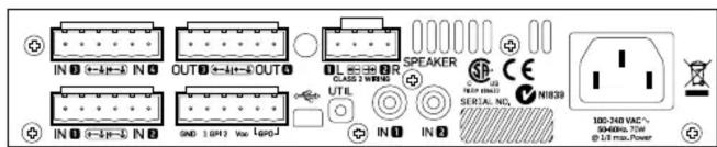 IN ① ←A←A IN ② OUT ③ ←A←A OUT ④ SPEAKER UNIT IN ① ←S←E IN ② SNE (10Hz) Max 10Hz-1 SERIAL NO. N1839 100-240 VAC- 60-60Hz 70W @-1/8 max. Power