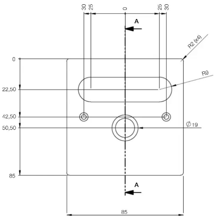 30 25 0 25 30 A R2 (X4) R9 Ø 19 22,50 42,50 50,50 85 A 85