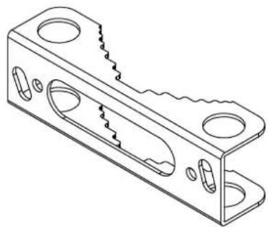 Technical line drawing of a mechanical bracket with cutouts and internal features (no text or symbols)