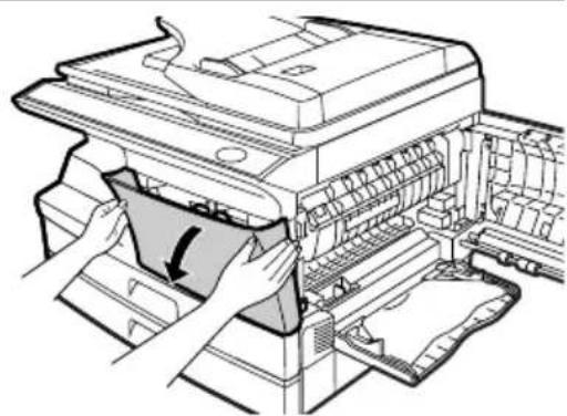 Diagram of a printer's internal structure showing paper feeding into a printer (no text or symbols present)