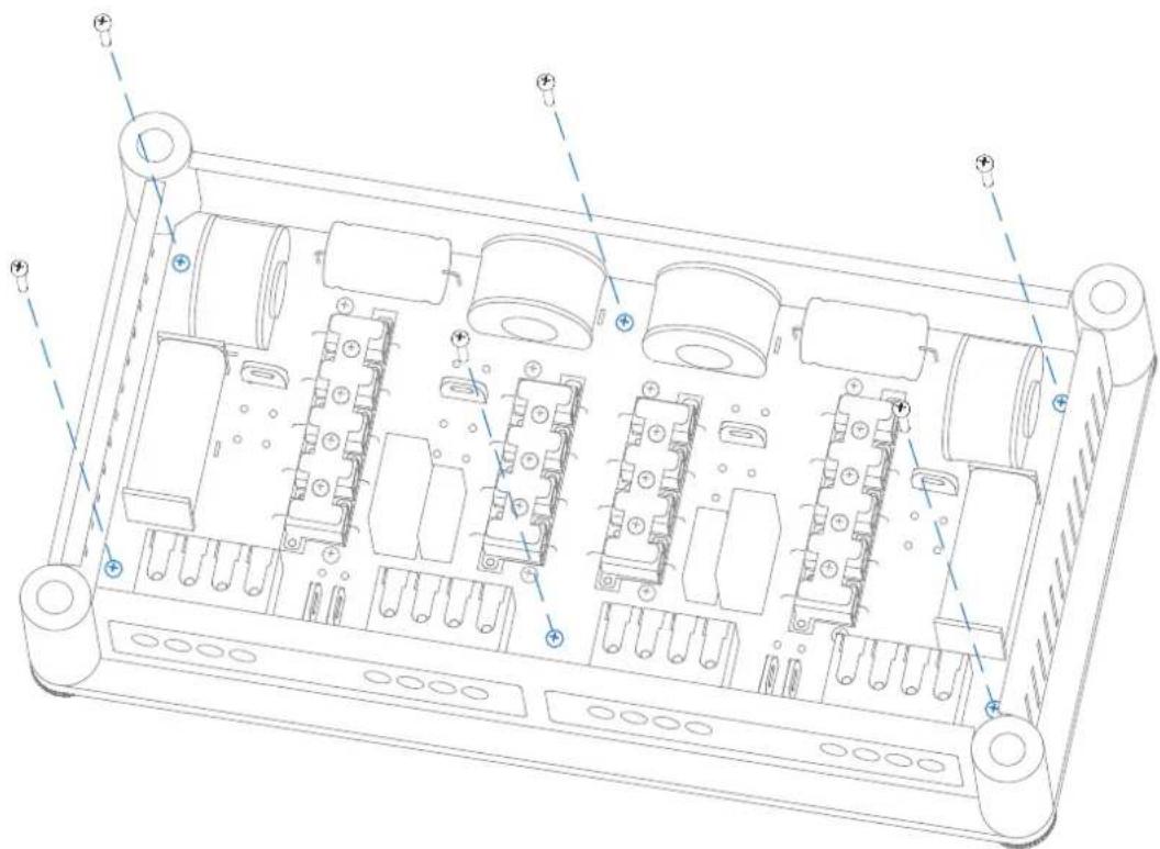 Technical line drawing of an electronic device chassis with multiple ports and connectors (no text or symbols)