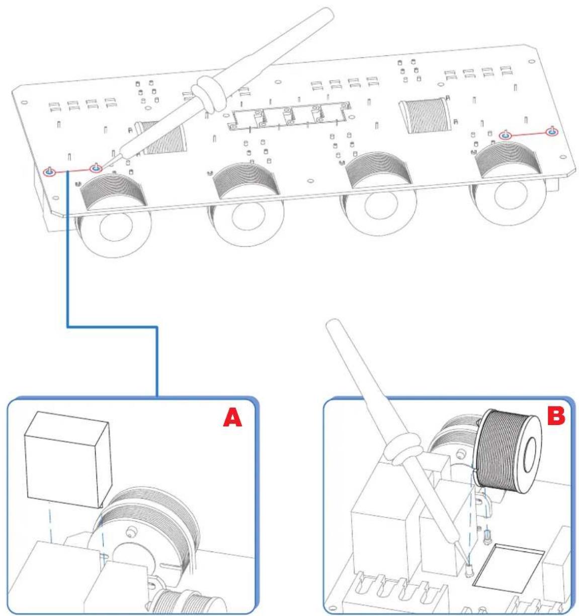 Technical diagram of a mechanical device with labeled components and assembly steps A and B
