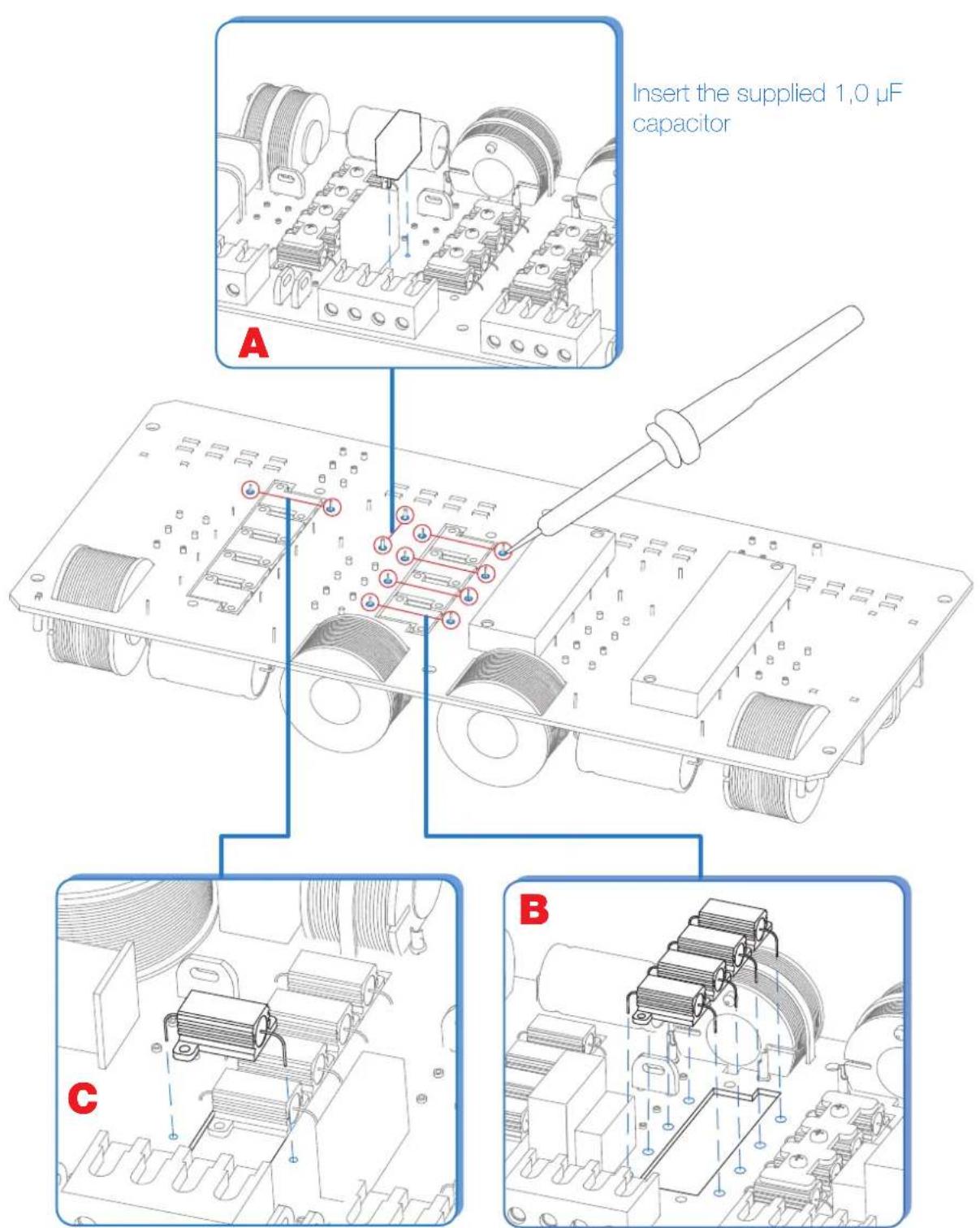 Insert the supplied 1,0 μF capacitor A B C