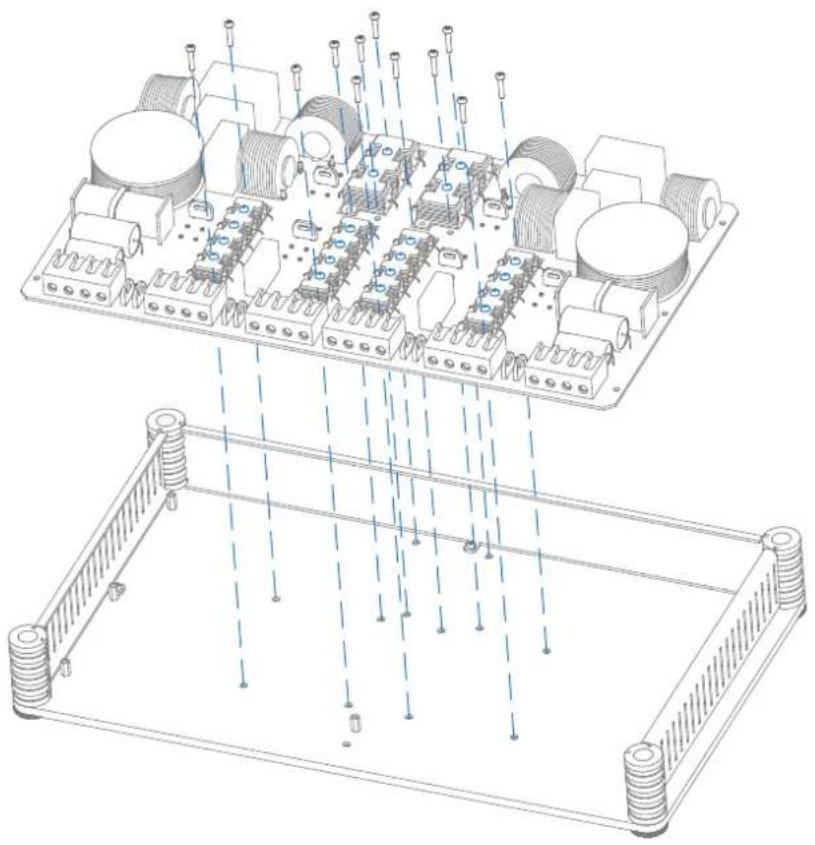 Technical line drawing of an electronic circuit board with multiple components and wiring, no text or symbols present