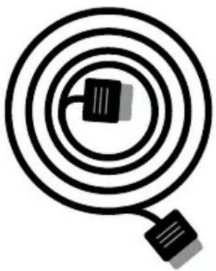 Abstract black-and-white spiral diagram with two connected blocks (no text or symbols)