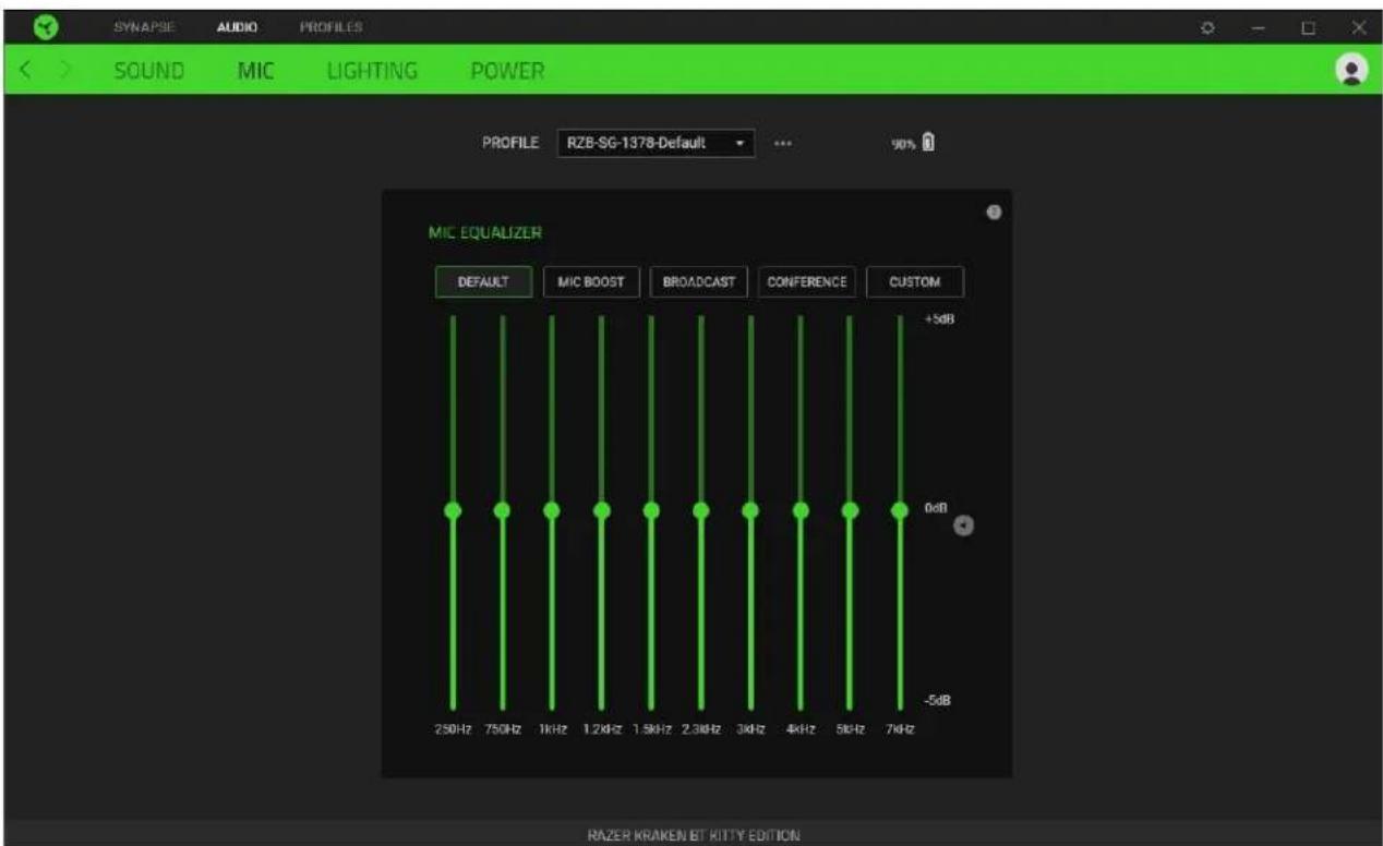 SYNAPSE AUDIO PROFILES SOUND MIC LIGHTING POWER PROFILE RZB-SG-1378-Default ... 90% MIC EQUALIZER DEFAULT MIC BOOST BROADCAST CONFERENCE CUSTOM +5dB 0dB -5dB 250Hz 750Hz 1kHz 1.2kHz 1.5kHz 2.3kHz 3kHz 4kHz 5kHz 7kHz RAZER KRAKEN BT KITTY EDITION