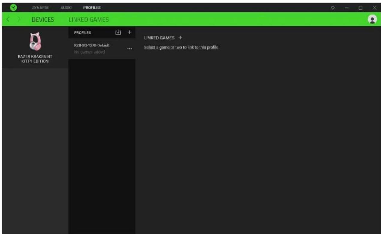 SYNAPSE AUDIO PROFILES DEVICES LINKED GAMES RAZER KRAKEN BT KITTY EDITION PROFILES R2B-90-1378-Default No games added LINKED GAMES + Select a game or two to link to this profile