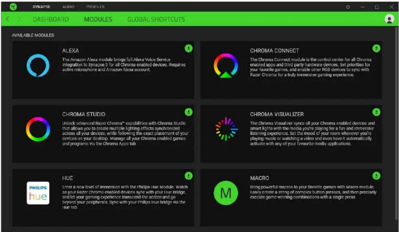 SYNAPSE AUDIO PROFILES DASHBOARD MODULES GLOBAL SHORTCUTS AVAILABLE MODULES ALEXA The Amazon Alexa module brings full Alexa Voice Service integration to Synapse 3 for all Chroma enabled devices. Requires active microphone and Amazon Alexa account. CHROMA CONNECT The Chroma Connect module is the control center for all Chroma enabled apps and third party hardware devices. Set priorities for your favorite games, and enable other RGB devices to sync with Razer Chroma for a truly immersive gaming experience. CHROMA STUDIO Unlock advanced Razer Chroma™ capabilities with Chroma Studio that allows you to create multiple lighting effects synchronized across all your devices, while following the exact placement of your devices on your desktop. Manage all your Chroma enabled games and programs via the Chroma Apps tab. CHROMA VISUALIZER The Chroma Visualizer syncs all your Chroma enabled devices and smart lights with the media you're playing for a fun and immersive listening experience. Set the mood of your room whenever you're playing music or watching a video and even have it automatically activate with any of your favourite media applications. HUE Enter a new level of immersion with the Philips Hue Module. Watch as your Razer Chroma enabled devices sync with your Hue Bridge, and let your gaming experience transcend the screen and go beyond your peripherals. Sync with your Philips Hue bridge via the Hue tab. MACRO Bring powerful macros to your favorite games with Macro module. Easily create a string of complex button presses, and then precisely execute game winning combinations with a single press