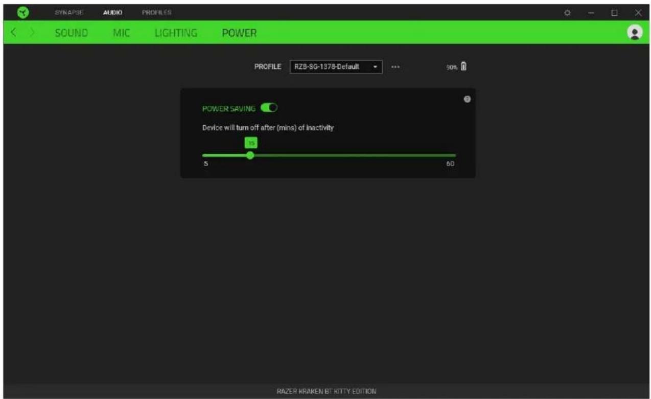 SYN APSE AUDIO PROFILES SOUND MIC LIGHTING POWER PROFILE RZB-SG-1378-Default 90% POWER SAVING Device will turn off after (mins) of inactivity 5 60 RAZER KRAKEN BT KITTY EDITION