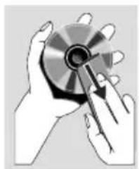 Illustration of hands holding a CD or DVD disc with a pen inserted (no text or symbols visible)