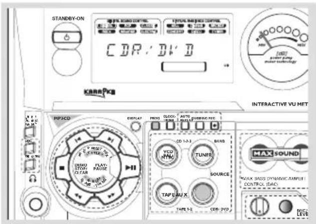 STANDBY-ON CDR/DVD KARRPK8 INTERACTIVE VU MET RPJCD DISPLAY PROG CLOCK AUTO PURING REC CD 1/2-3 BAND VCD NTM TUNER SOURCE TAP EAU X TAPE 1/2 CERI DVD MAX SOUND MAX BASS DYNAMIC AMPLIT CONTROL IDAC MICLE LEVE