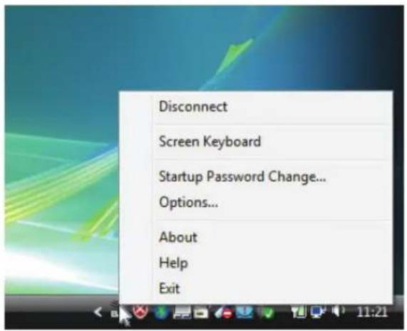Disconnect Screen Keyboard Startup Password Change... Options... About Help Exit