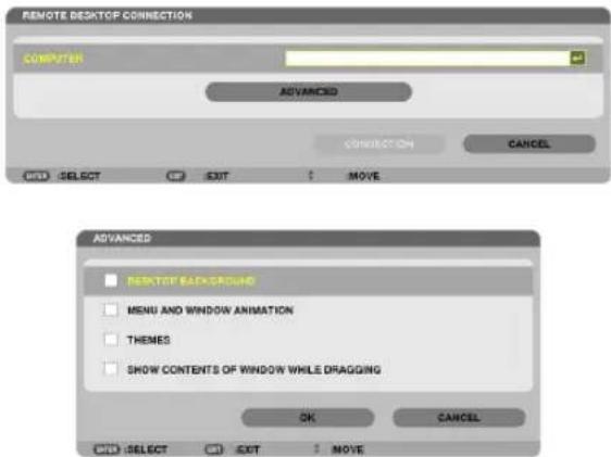 REMOTE DESKTOP CONNECTION COMPUTER ADVANCED CONNECTION CANCEL SELECT EXIT MOVE ADVANCED REDACTOR BAGGROUNG MENU AND WINDOW ANIMATION THEMES SHOW CONTENTS OF WINDOW WHILE DRAGGING OK CANCEL SELECT EXIT MOVE