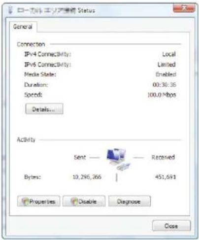 General Connection IPv4 Connectivity: Local IPv6 Connectivity: Limited Media State: Enabled Duration: 00:30:36 Speed: 100.0 Mbps Details... Activity Sent — Received Bytes: 10,295,265 | 451,691 Properties Disable Diagnose Close