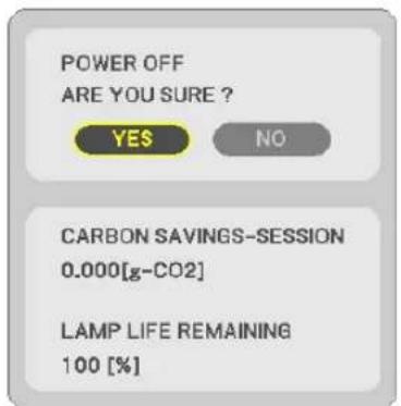 POWER OFF ARE YOU SURE ? YES NO CARBON SAVINGS-SESSION 0.000[g-CO2] LAMP LIFE REMAINING 100 [%]