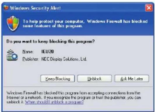 Windows Security Alert To help protect your computer, Windows Firewall has blocked some features of this program. Do you want to keep blocking this program? Name: IEU20 Publisher: NEC Display Solutions, Ltd. Keep Blocking Unlock Ask Me Later Windows Firewall has blocked this program from accepting connections from the Internet or a network. If you recognize the program or trust the publisher, you can unlock it. When should I unlock a program?