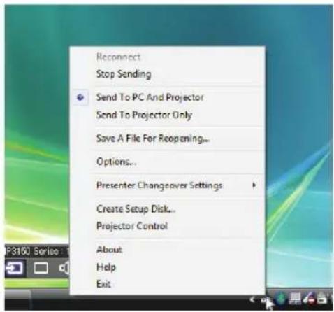 Reconnect Stop Sending Send To PC And Projector Send To Projector Only Save A File For Reopening... Options... Presenter Changeover Settings Create Setup Disk... Projector Control About Help Exit
