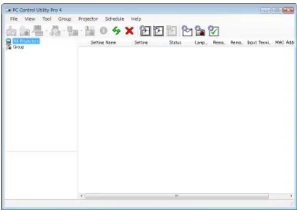PC Control Utility Pro 4 File View Tool Group Projector Schedule Help BIL Projecta Group Setting Name Setting Status Lamp Reno Reno Input Term1 MAC Add