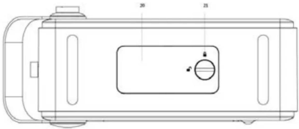 Technical diagram of a device casing with labeled components and measurement indicators.
