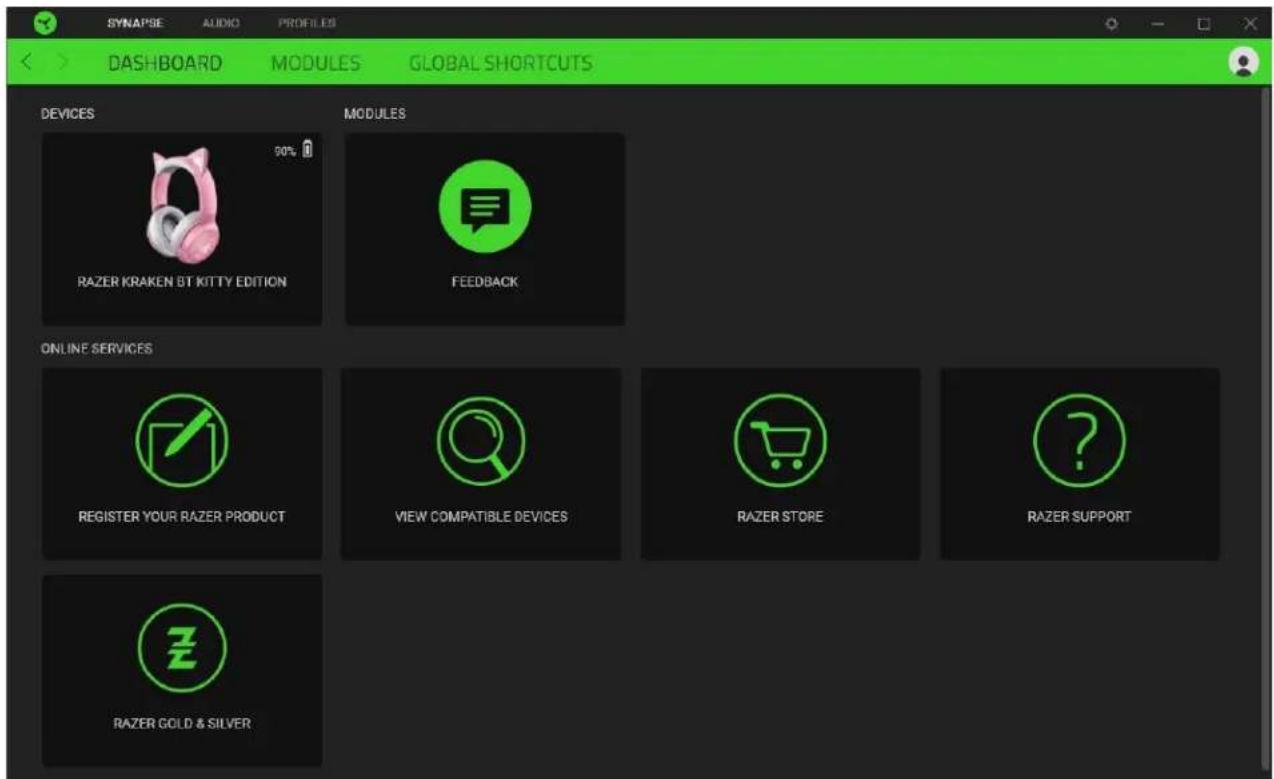 SYNAPSE AUDIO PROFILES DASHBOARD MODULES GLOBAL SHORTCUTS DEVICES MODULES RAZER KRAKEN BT KITTY EDITION FEEDBACK ONLINE SERVICES REGISTER YOUR RAZER PRODUCT VIEW COMPATIBLE DEVICES RAZER STORE RAZER SUPPORT RAZER GOLD & SILVER