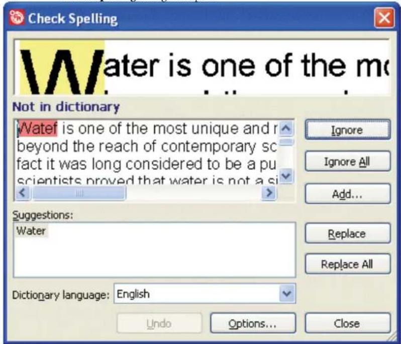 Check Spelling Water is one of the mo Not in dictionary Waterf is one of the most unique and past beyond the reach of contemporary science fact it was long considered to be a public scientists proved that water is not a simple Suggestions: Water Dictionary language: English Undo Options... Close Ignore Ignore All Add... Replace Replace All