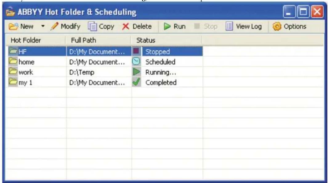 ABBYY Hot Folder & Scheduling New Modify Copy Delete Run Stop View Log Options Hot Folder Full Path Status HF D:\My Document... Stopped home D:\My Document... Scheduled work D:\Temp Running... my 1 D:\My Document... Completed