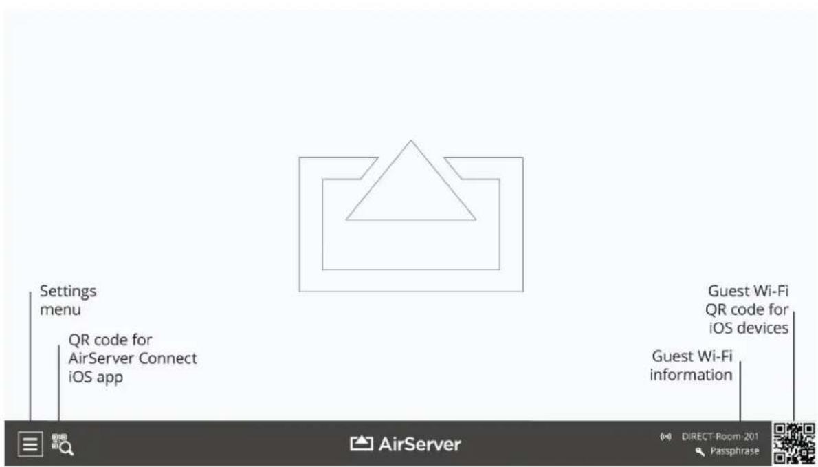 Settings menu QR code for AirServer Connect iOS app Guest Wi-Fi QR code for iOS devices Guest Wi-Fi information AirServer (DIRECT-Room-201 Passphrase)
