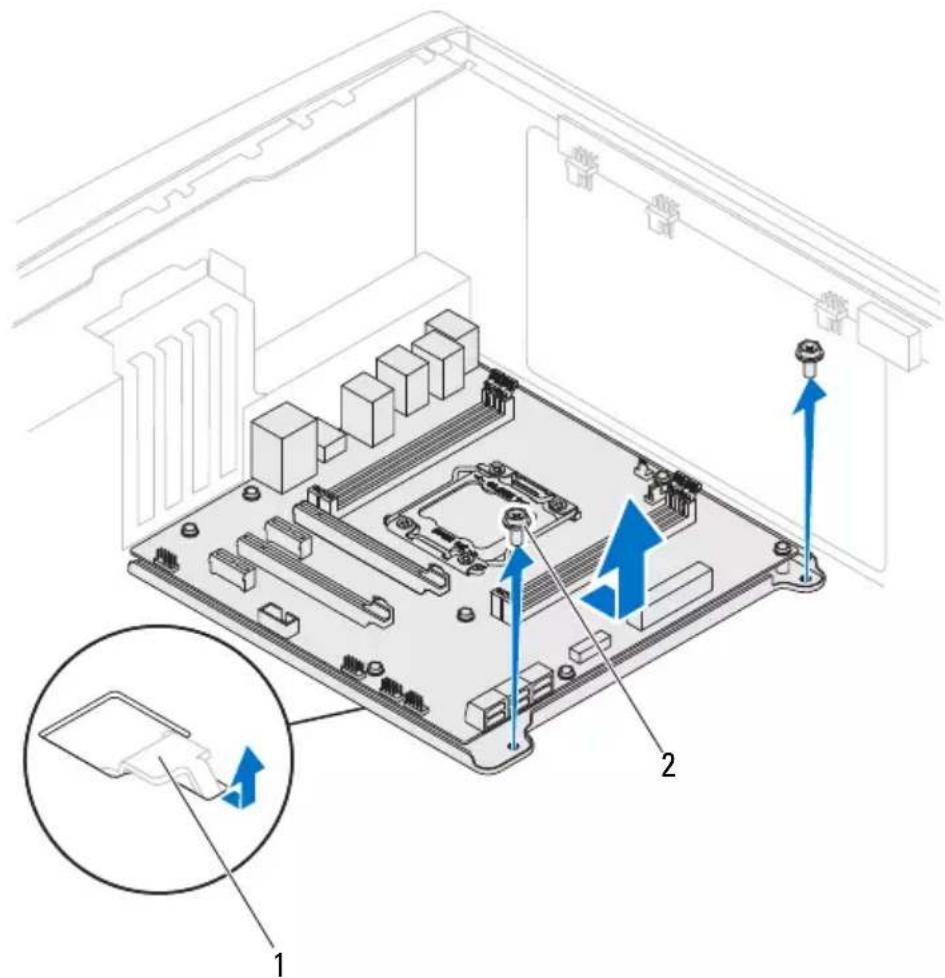 Technical diagram of a computer motherboard with labeled components and directional arrows indicating assembly or movement.