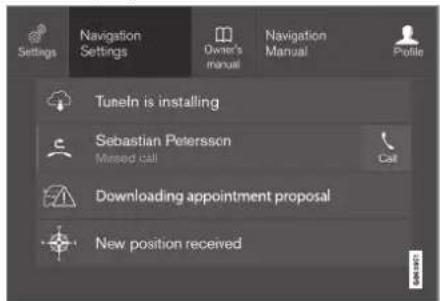 Settings Navigation Settings Owner's manual Navigation Manual Profile Tuneln is installing Sebastian Petersson Missed call Call Downloading appointment proposal New position received