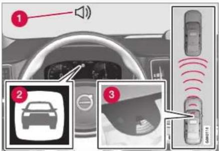 Diagram showing car interior with speaker, sensor, and sensor interface components labeled 1, 2, and 3