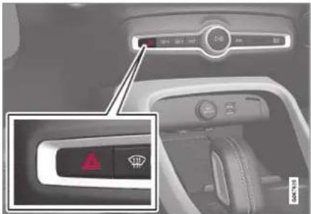 Car interior control panel with warning sign and indicator lights, showing vehicle status indicators