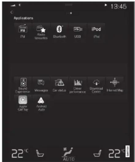 Applications FM Radio lavourites Bluetooth USB iPod iPod Sound Experience Messages Car status Driver performance Download Center Internet Map Apple Cat-1ay Android Auto 22 °C AUTO 22 °C