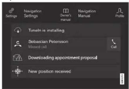 Settings Navigation Settings Owner's manual Navigation Manual Profile Tuneln is installing Sebastian Petersson Missed call Call Downloading appointment proposal New position received